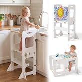 labebe Toddler Standing Tower for 12M+, Montessori Foldable Learning Standing Tower with Blackboard, Anti-tip Structure Design,Wooden Kitchen Step Helper Stool for 1-3 Year Old Boy Girl Gift