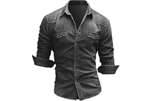 QOAAIE Casual Denim Shirt for Men Slim Fit Long Sleeve Button Down Shirt Distressed Washed Jean Shirt with Chest Pockets