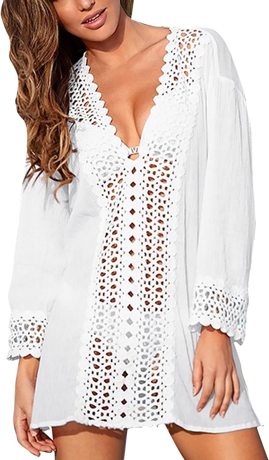 Women's Long Sleeve V Neck Beachwear Swimwear Bikini Cover Ups Dresses