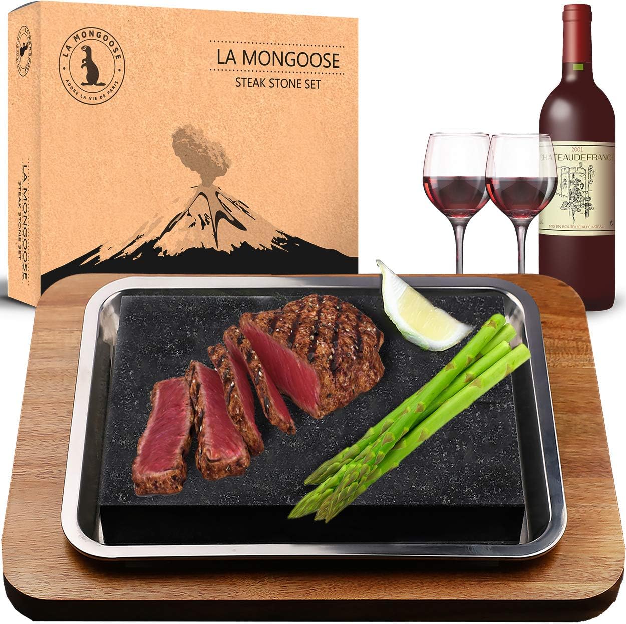 Extra Large Steak Stone Set. Premium Granite Lava Stone, Stainless