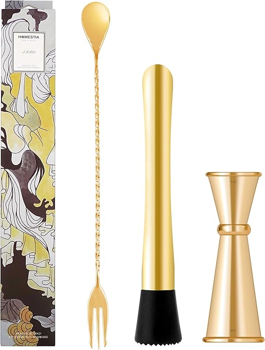 Gold Cocktail Muddler and Mixing Spoon with Japanese Jigger Mojito Muddler Bar Tool Set