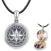 TANGPOET Small Compass Locket Necklace for Men Women 925 Oxidized Silver Lockets Necklace that Holds Two Pictures Memorial Photo Jewelry Birthday Valentines Fathers Day Graduation Gifts