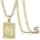 KissYan Initial Letter Pendant Necklace for Mens Womens, 14K Gold Plated Square Capital Monogram Necklaces Alhpabets from A-Z Figaro Chain Jewelry Gift