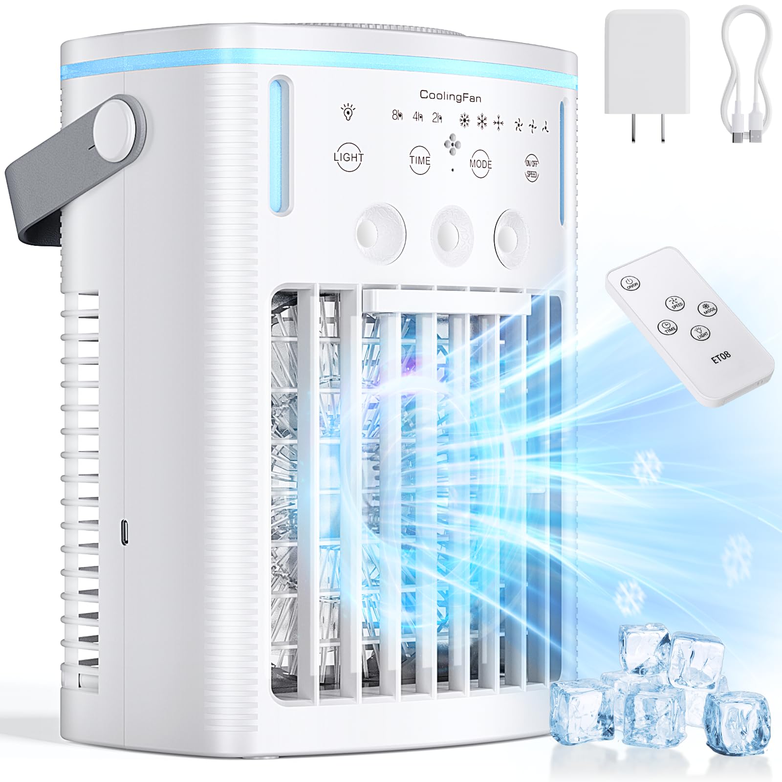 Portable Air Conditioners, 2025 Upgraded 4-IN-1 Cooling Fan, 1000ml Evaporative Air Cooler with 3-Speeds, 3-Level Humidify, 7-Color Night Light, 2-8H Timer, Personal AC Unit for Bedroom Office (White)