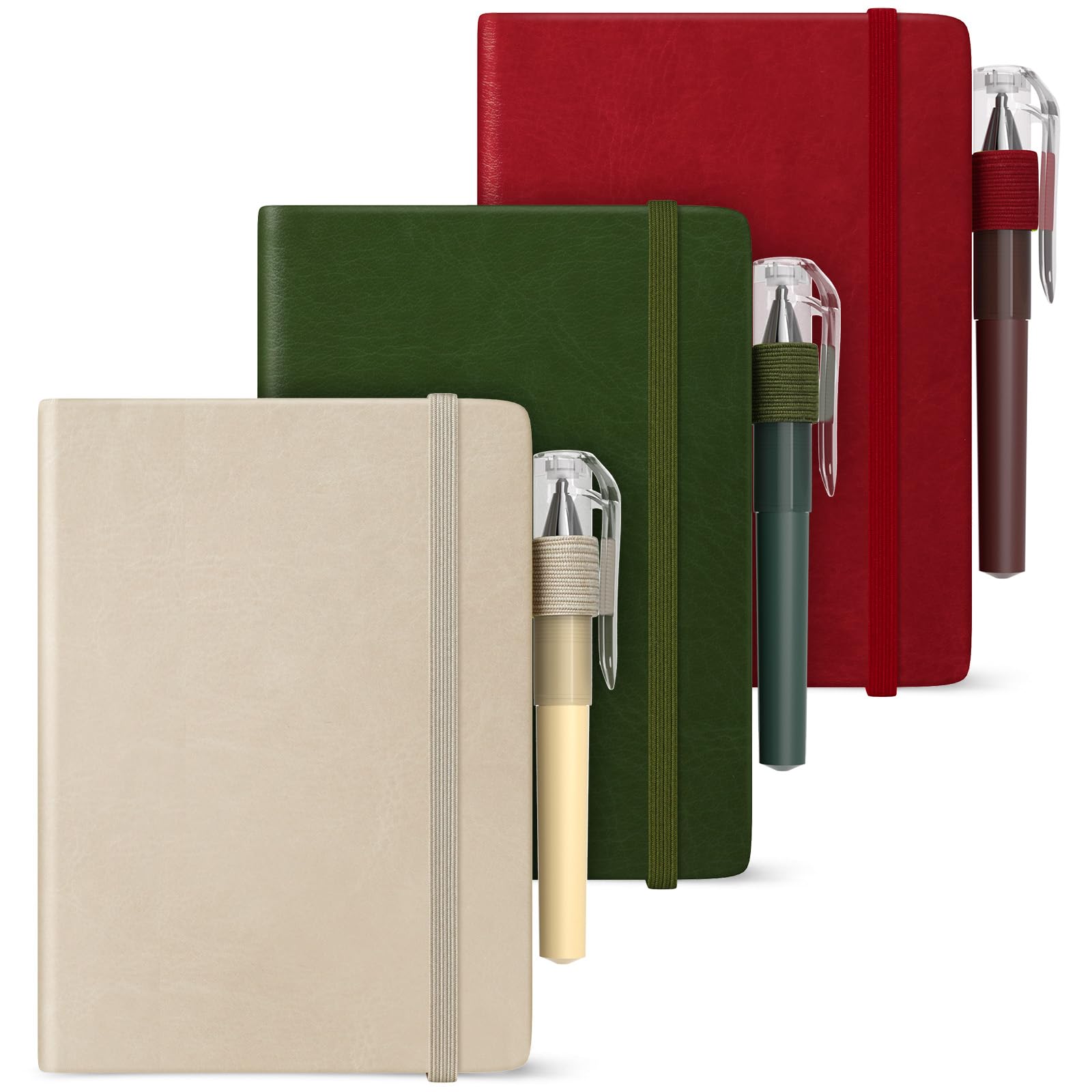 Smarpau Pocket Notebook A6, 3 Pack Mini Notebooks with Pen, 100gsm No Bleed Paper, 120 Pages Leather Journal Notepads for Women Men Writing - Beige, Olive Green, Red