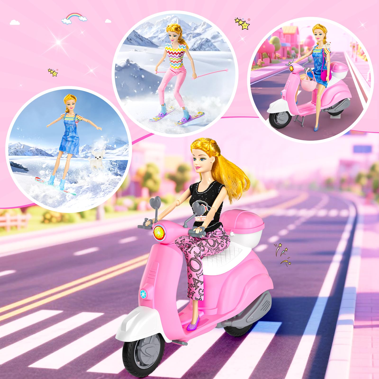 Glisiol 67Pcs Doll Clothes and Accessories with Doll, Motorcycle Scooter Set, Skiing Kit, Pet Set, 10 Shoes, 6 Outfits (Dress/Pants/Casual), Doll Playset Dress Up Toys for Girls Kids Toy Gifts