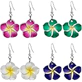 QUPENGXU 4 Pairs Hawaiian Cubic Zirconia Plumeria Rubra Dangle Earrings for Women Bohemia Tropical Flower Earrings Luau Beach Party Jewelry Accessories
