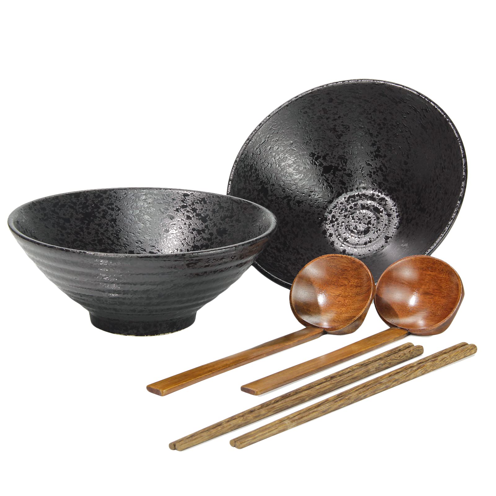 2 Sets (6 Piece) Ceramic Japanese Ramen Soup Bowl Set, Dishwasher and Microwave Safe, 1032ml/36oz Large Noodle Bowl with Matching Spoon and Chopsticks for Thai Udon Wonton Soup Pho, Black (24cm)