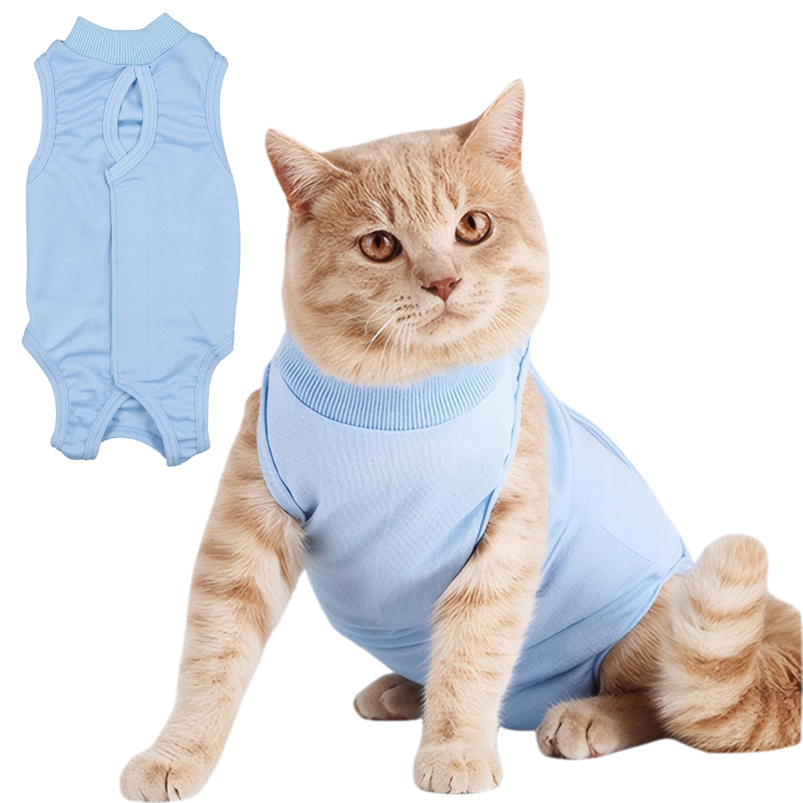 Cat Recovery Suit for Spay Abdominal Wounds,Cat Recovery Suit After Surgery,Breathable E-Collar Alternative for Cats,Cat Onesie After Surgery Wear Anti Licking,Soft Fabric Onesies for Cats (Blue, S)