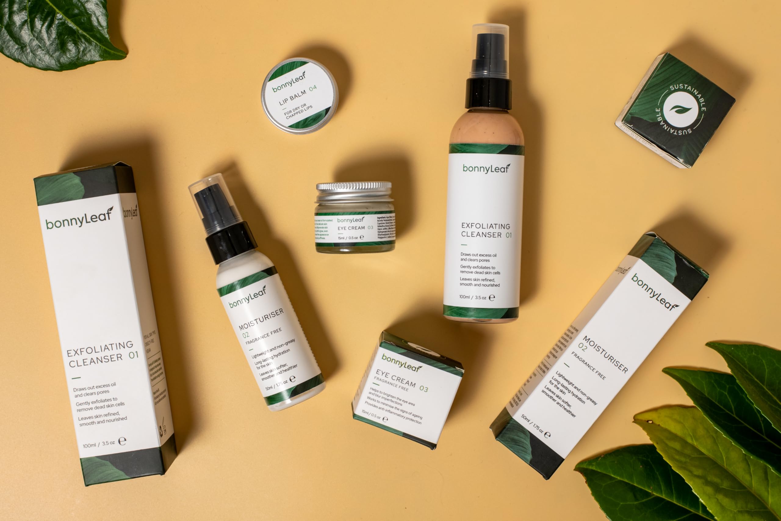 BonnyLeaf Origins Natural Skincare Set, 4-Piece, Brightening and Renewing, Auto-Replenishing Cleanser, Moisturiser & Eye Cream For Hydrating Skin, Ultra Conditioning Peppermint Lip Balm, Travel Sizes