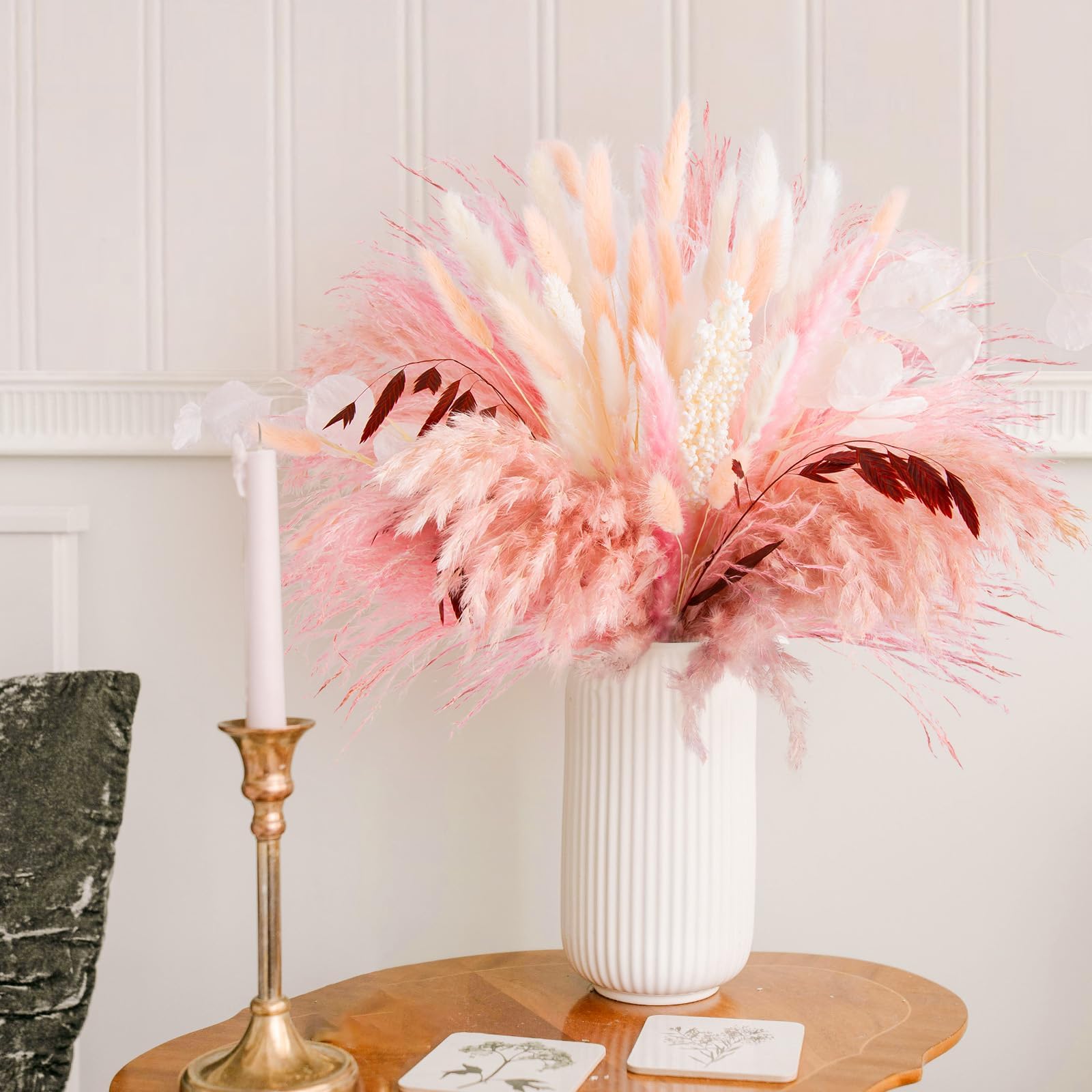 N&T NIETING 85pcs Natural Pampas Grass Boho Decor, 17.7 Inch Dried Flowers Bouquet Fluffy Artificial Pampas Grass Decor for Wedding Floral Arrangements Home Decorations(Pink)