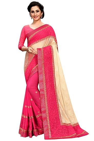Womens Jaal Silk Blend Half & Half Saree With Blouse Piece (1003_Pink)