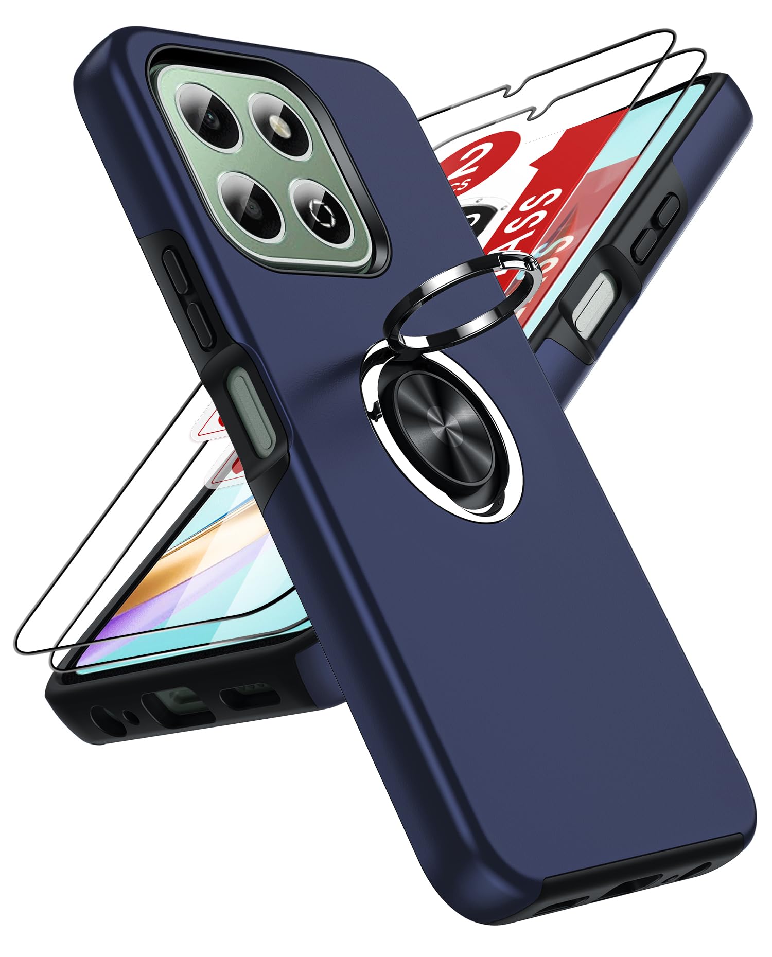 LeYi for Honor X6b 4G Phone Case with 2 Tempered Glass Screen Protector and Invisible Phone Ring Holder, Shockproof Protective Cover for Honour X6b 4G - Blue