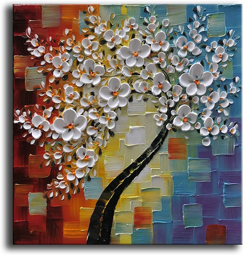 Paintings - YaSheng Art - hand-painted Oil Painting On Canvas white Flowers Paintings Modern Home Interior Decor Wall Art for living room Abstract Art picture Ready to hang 24x24inch