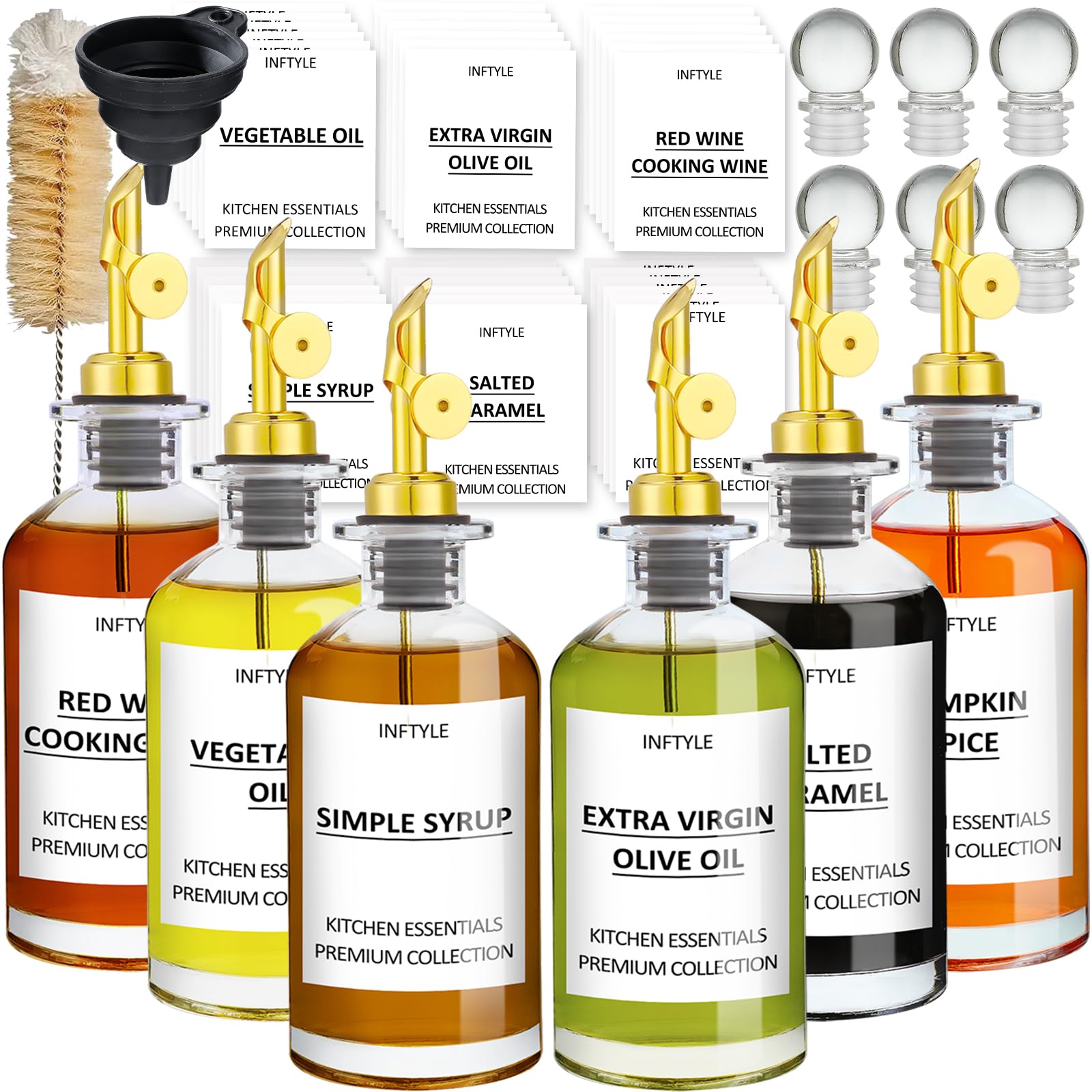 Photo 1 of INFTYLE Olive Oil Dispenser Bottle Glass Coffee Syrup Bottles Set of 6 Cooking Oil bottles for kitchen, with Pourer Spout, Sealing Stopper, Labels, Funnel, Cleaning Brush (12 oz)