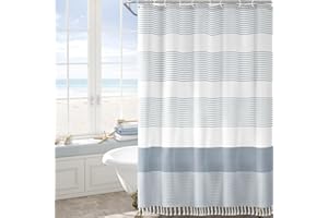Awellife Blue Shower Curtain Beach Ocean Coastal Nautical Shower Curtain for Bathroom Stripe Tassel 72 X 72 Inches Cotton