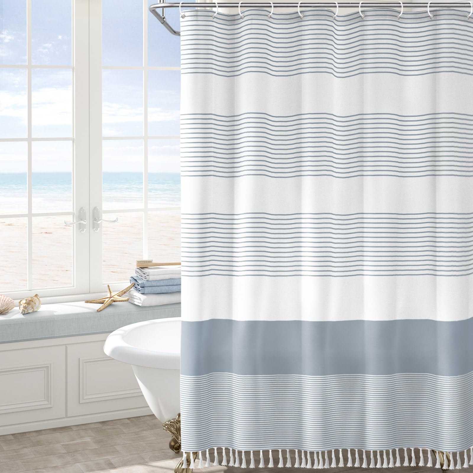 Photo 1 of Awellife Blue Shower Curtain Beach Ocean Coastal Nautical Shower Curtain for Bathroom Stripe Tassel 72 X 72 Inches Cotton