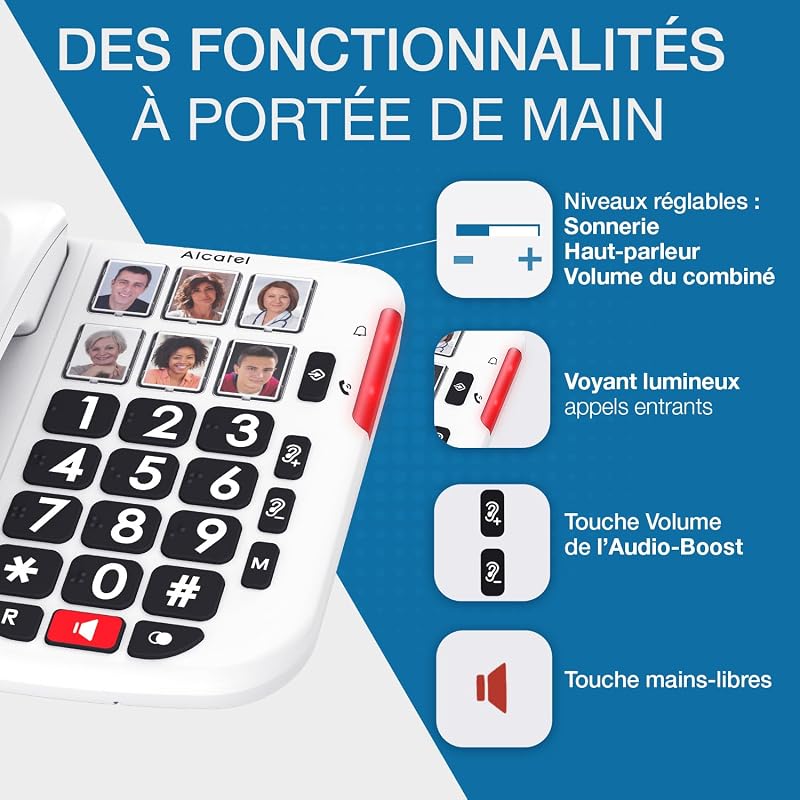 TMAX 10+ Téléphone Fixe Filaire Sénior - Grosses Touches - Audio Boost - Touches avec Photos - Mains Libres - Indicateur Lumineux d'Appel - Sonnerie Forte - Compatible Aides Auditives — photo 4 sur 6