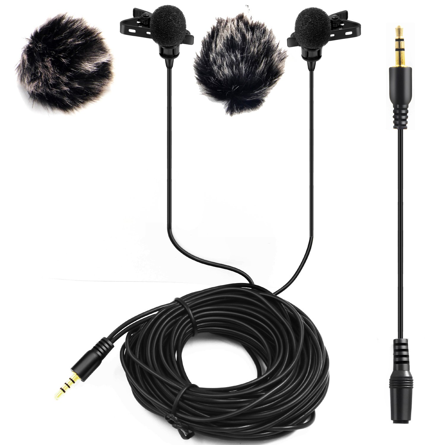 Nicama LVM2 Dual-Head Lavalier Lapel Microphone with 2 Windscreen Muffs for DSLR Camera Canon Nikon Sony Camcorders Tablet Smartphone Audio Recorder ZOOM TASCAM PC