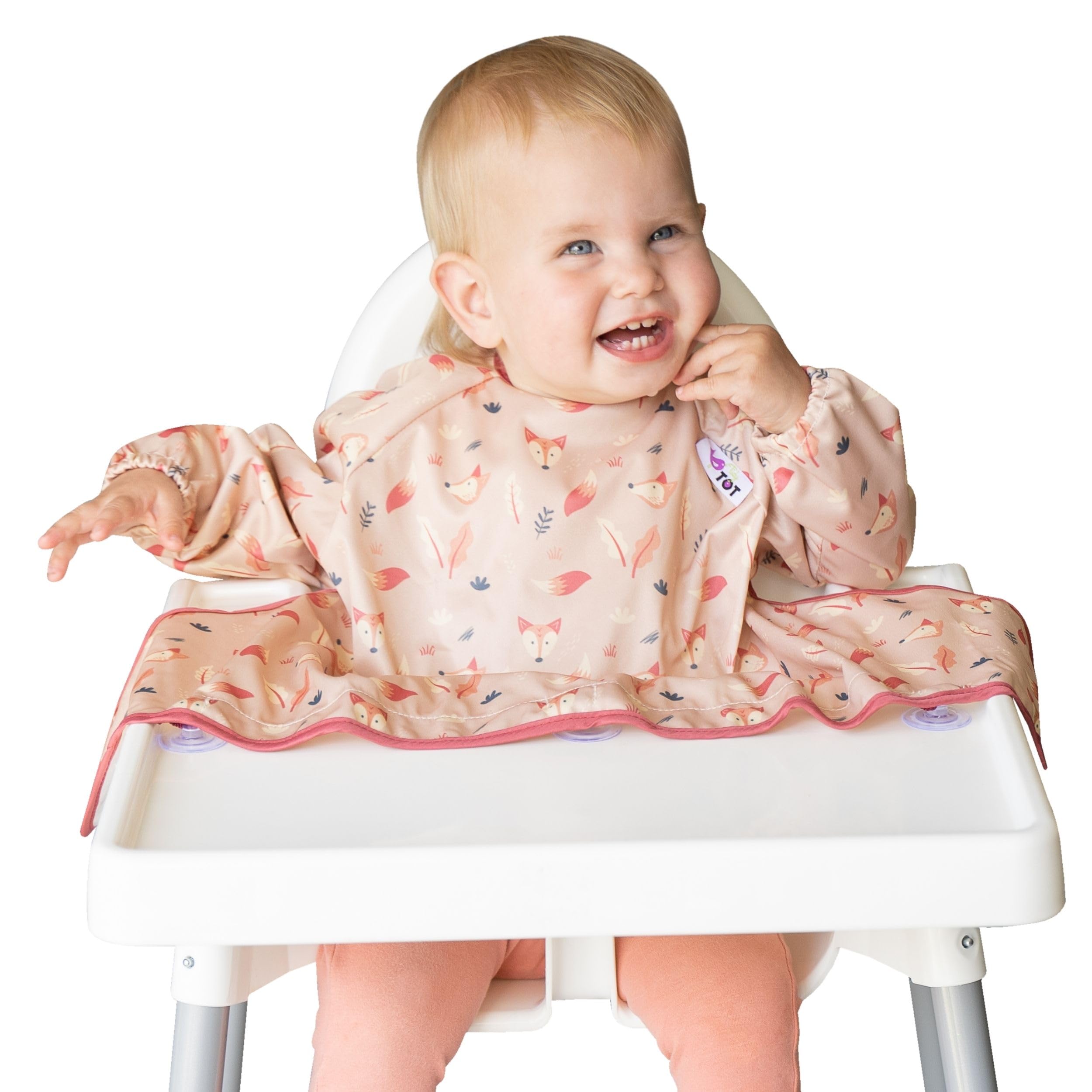 Tidy Tot Cover & Catch Weaning Bib with Sleeves. Attaches to Highchairs with Suction for Mess Proof Baby Feeding. Waterproof Long Sleeved Bibs. Coverall BLW Bibs