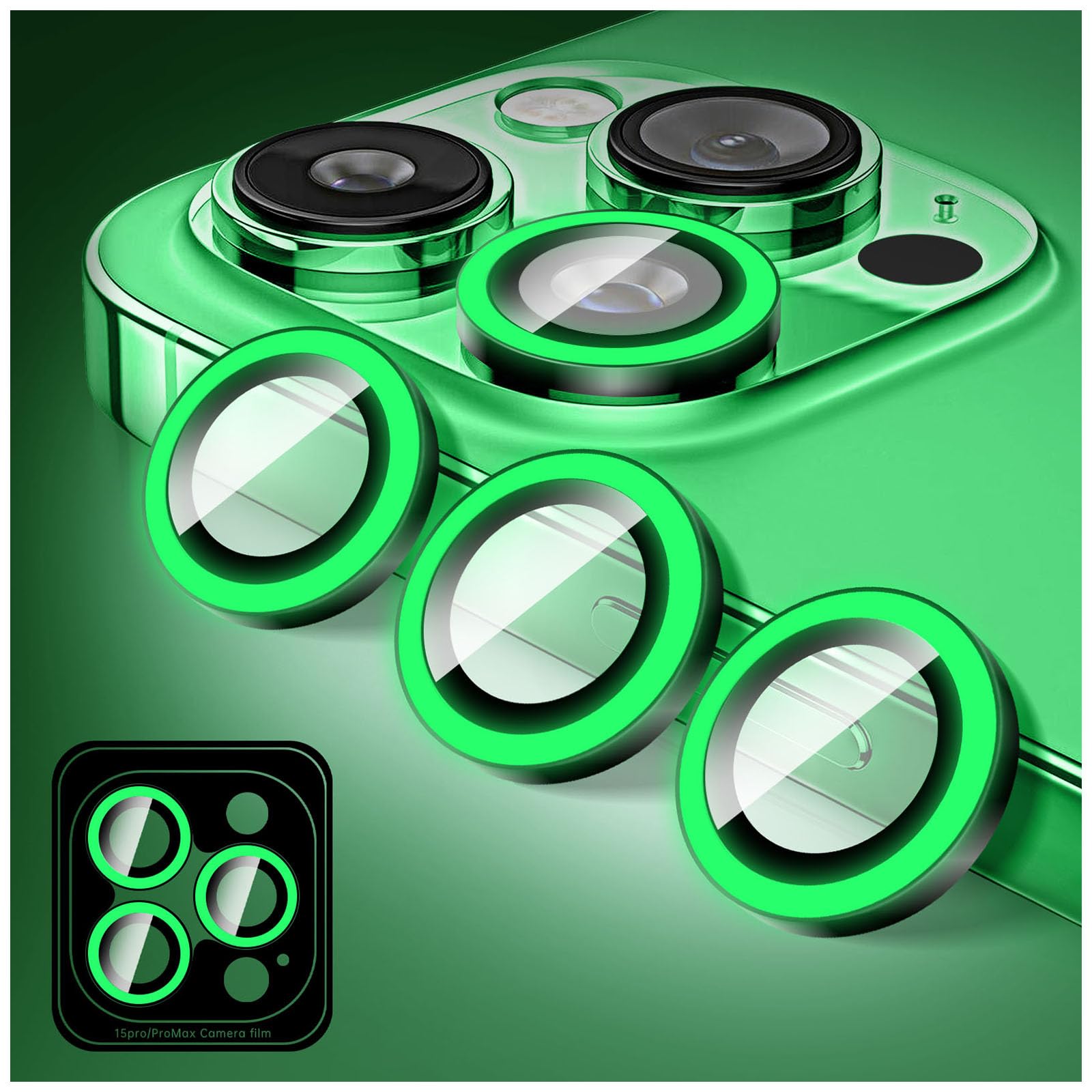 Kucheed Luminous Camera Lens Protector Compatible for iPhone 13 Pro/13 Pro Max, Bling Noctilucent Tempered Glass Camera Cover Film Stickers, Glow in the Dark Automatic Alignment Alloy Rings
