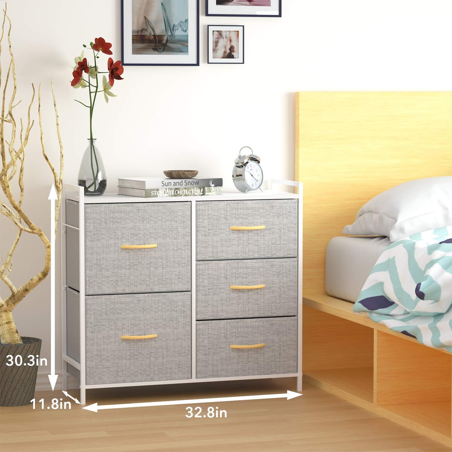 ROMOON Dresser Organizer with 5 Drawers, Fabric dresser tower for Bedroom, Hallway, Entryway, Closets - Gray -
