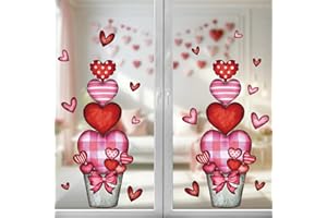 BUNNY CHORUS Valentines Day Decorations Window Clings: 4 Sheets Extra Large Rustic Heart Flower Pot Window Clings, Romantic Red Pink Heart Potted Valentines Decals Decor for Kids Home School Office Wedding Gifts