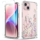 ilnehc Compatible with iPhone 13 Case with Screen Protector, Flower Pattern Design, Floral Clear Women Phone Case Shockproof Protective Soft Bumper Cover 6.1 Inch 2021 (Blooming Flowerets)