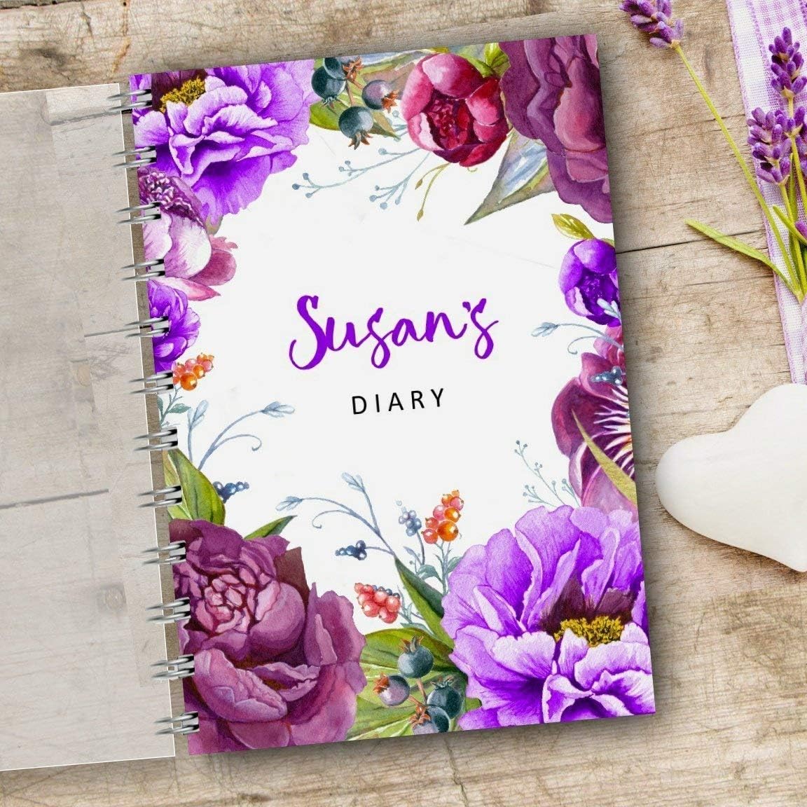 Personalised Diary Purple Flowers Any Month Start, 1 Year Journal Planner. Choice of layouts. Week to Page, Week to View or 2 days one Page. Lovely Gift, Choose year - 2021, 2022, 2023, 2024