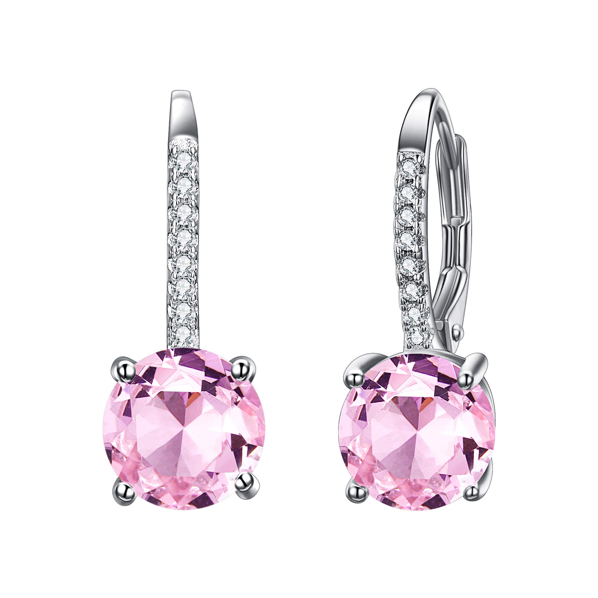 EVER FAITH Women's 925 Sterling Silver Full Zircon Fashion Round Drop Leverback Dangle Earrings Pink