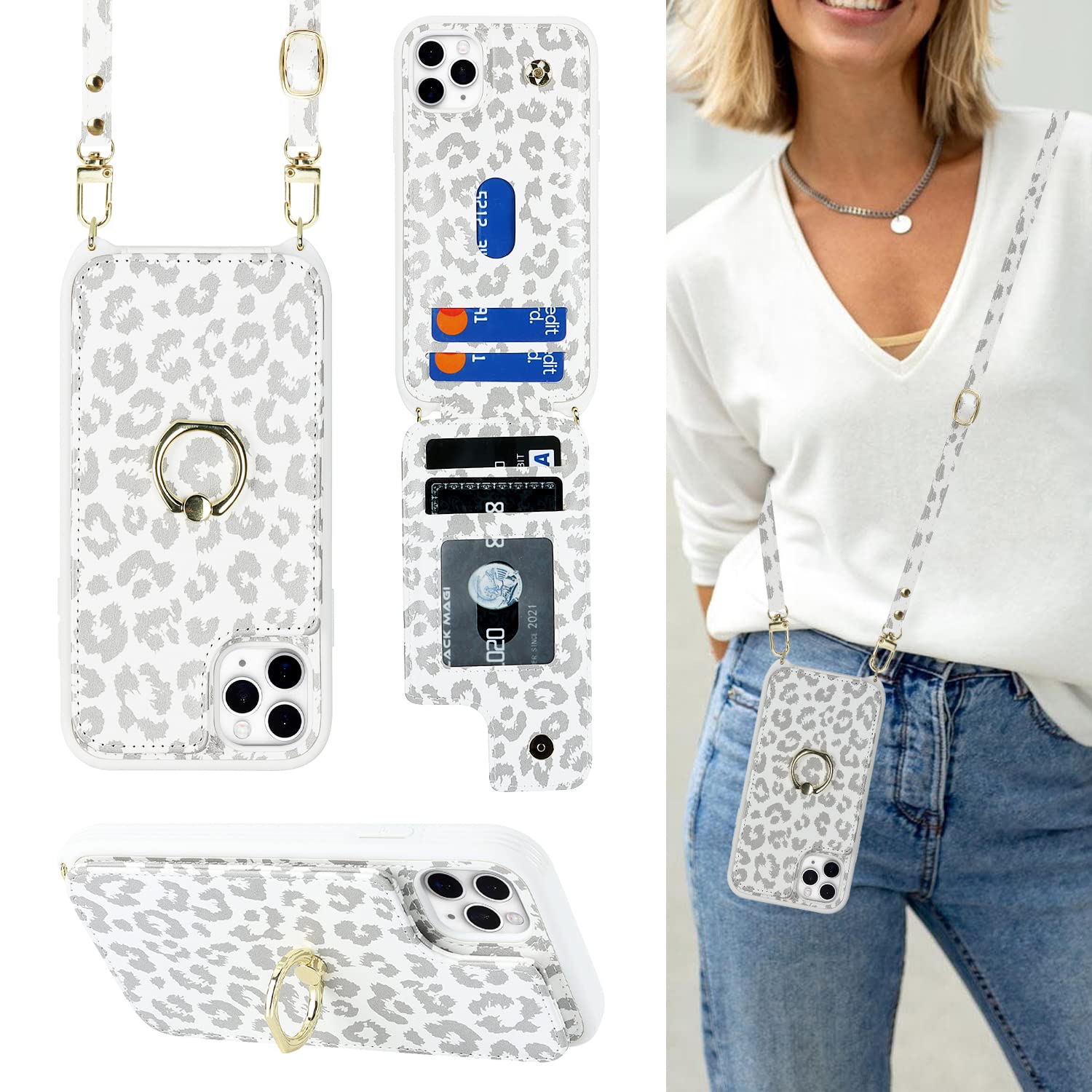 Lipvina for iPhone 11 Pro Phone Case with Card Holder and Strap for Women,Crossbody Lanyard,RFID Blocking,Kickstand Ring Stand,Snap Clasp,Cute Phone Wallet Cases 5.8 inch(White Leopard)