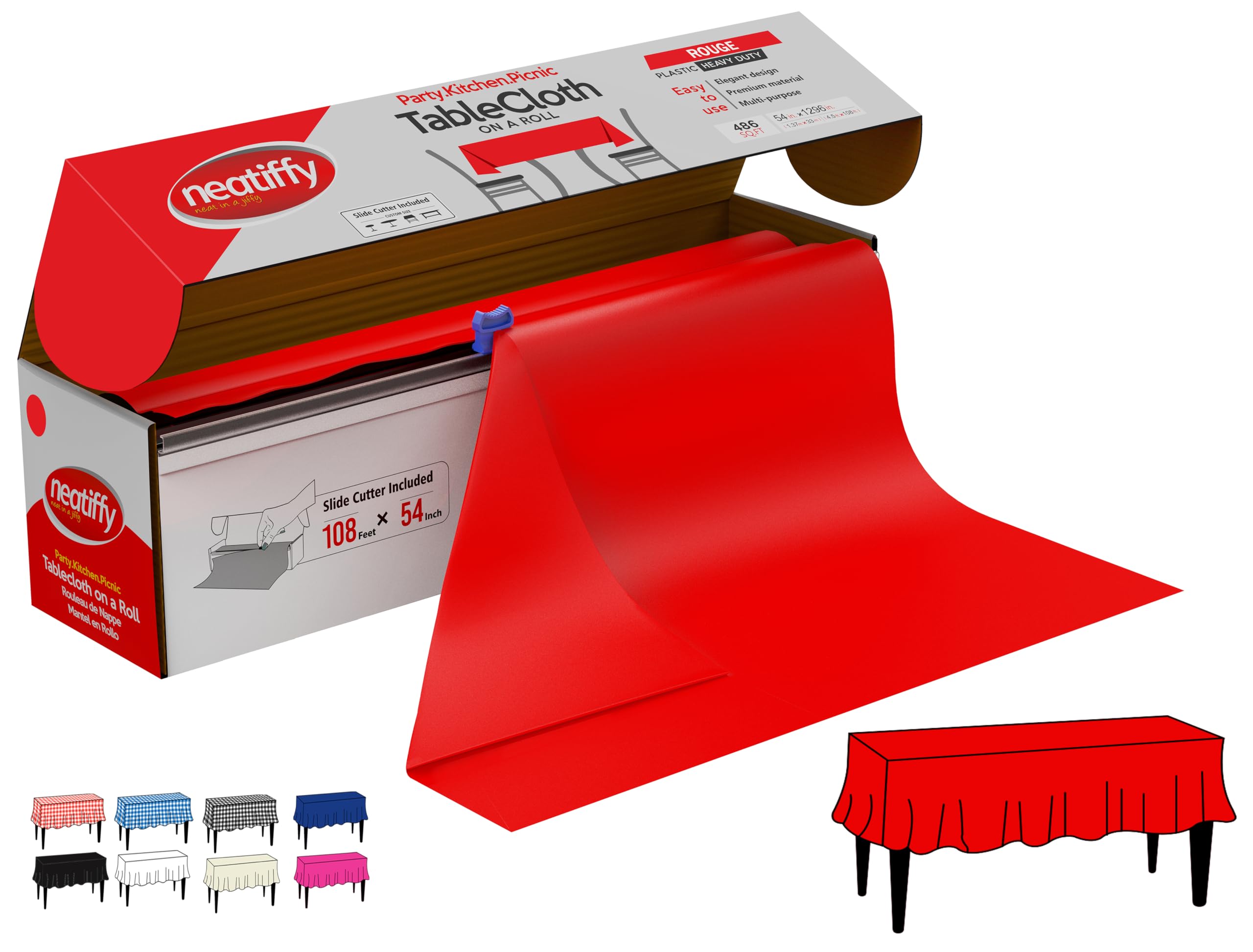 Neatiffy Disposable Plastic Table Cloth Roll | 137 cm x 33 m Waterproof Tablecloth | Table Cover for Rectangle, Square, Round Oval Tables | Picnic, Party, Banquet, Birthdays, Weddings (Red)