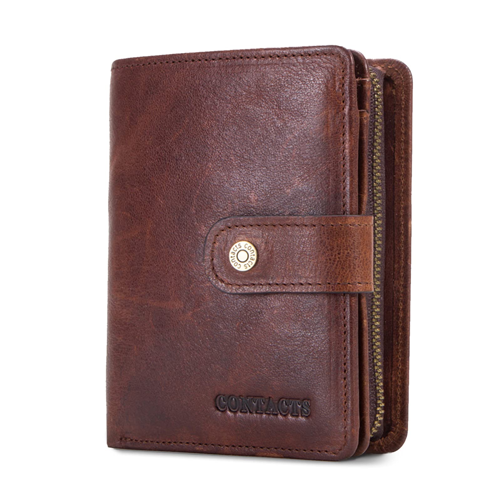 FORRICA Men Leather Wallet Women Purse RFID Blocking Bifold Wallet Soft Zip Coin Pocket Cowhide Credit Card Holder with Gift Box Brown A