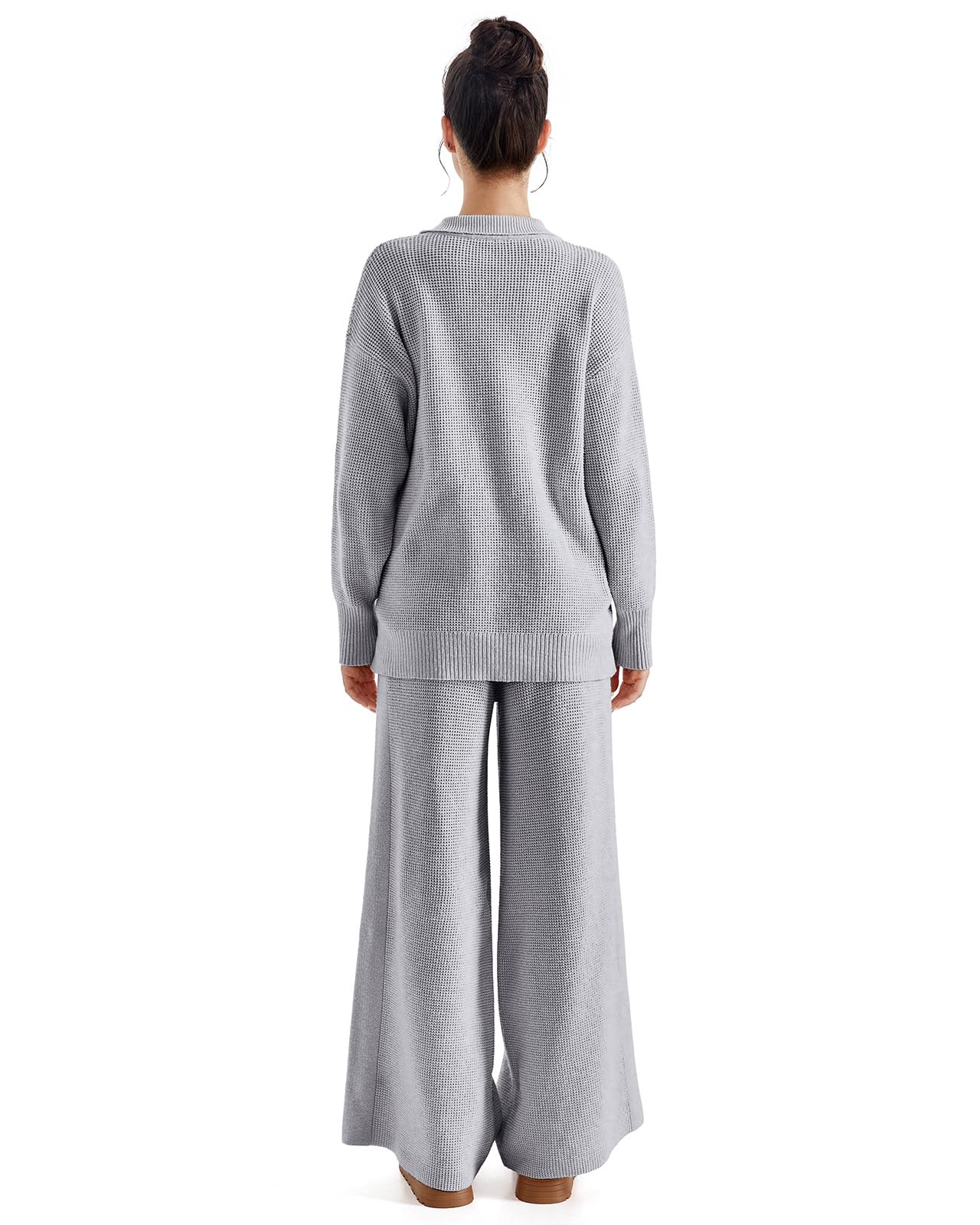 SUUKSESS Women 2 piece Fall outfits Long Sleeve Oversized Matching Lounge Set Waffle Knit Polo Sweater sets (Grey,M) - Image 4