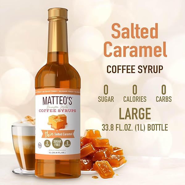 MATTEO’S SALTED CARAMEL SYRUP FOR COFFEE, LATTES, CAPPUCCINOS & DESSERTS – SUGAR-FREE SWEETENER FOR BEVERAGES, KETO FRIENDLY, ZERO CALORIES, INDULGENT FLAVOR, NON-ALCOHOLIC, 33.8OZ (1PK)