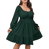 Plus Size Mini Cocktail Dress for Curvy Women Long Sleeve Sweetheart Neckline Ruffle Hem Smocked Flowy Fall Dresses