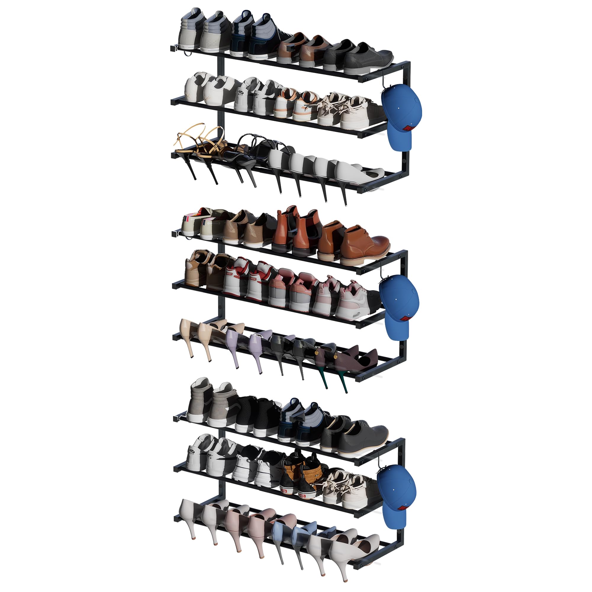 Photo 1 of 3 Pack Wall Mounted Shoe Rack, 3 Tier Hanging Shoe Rack Holds 36 Pairs, 17"-30"Adjustable Heavy Duty Metal Shoe Organizer Holder with 6 Storage Hooks, Space Saving for Closet Entryway Doorway?Black)