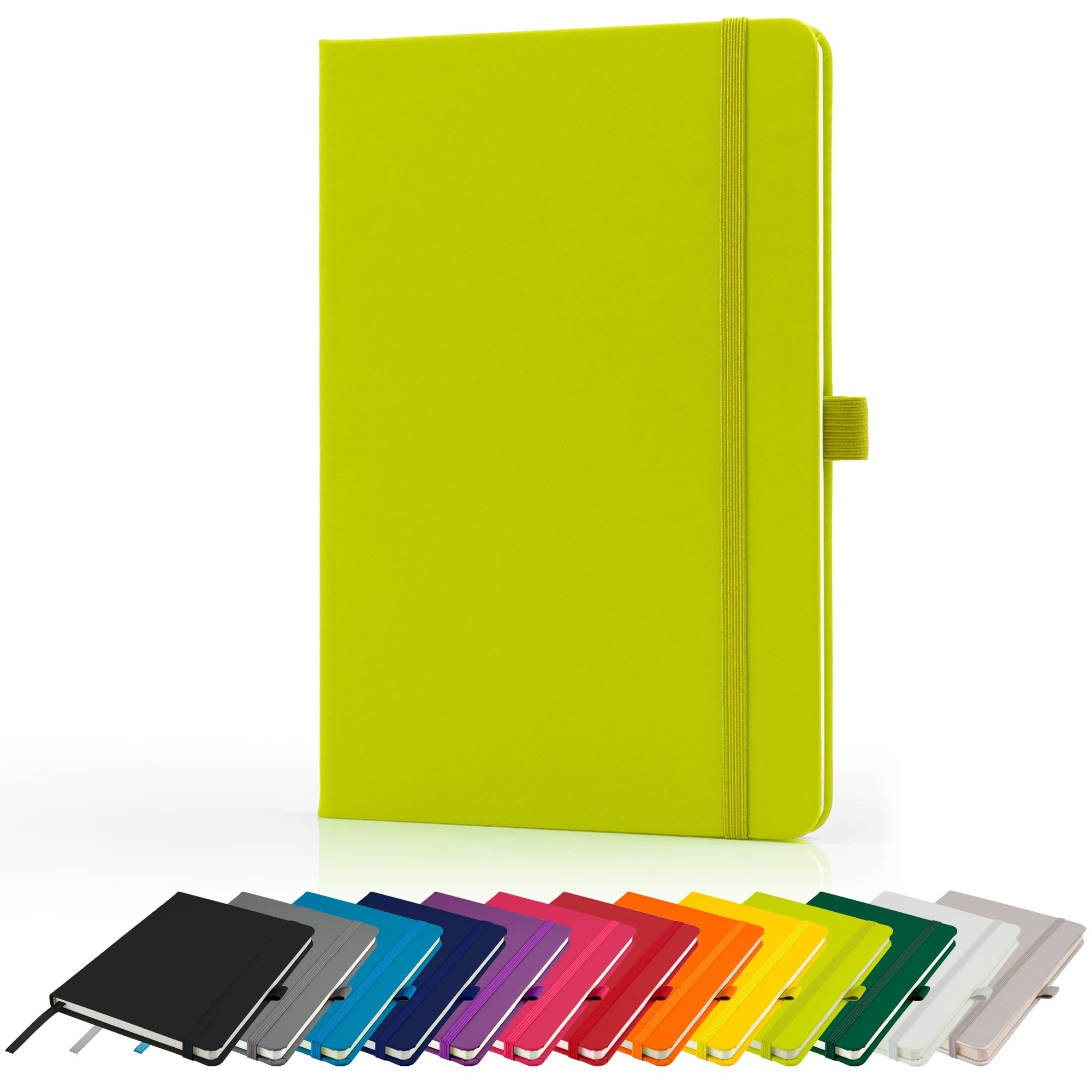 Savvy Bee Premium A5 Notebook New Lined Hardback Journal with Pen Loop,196 Page, Elastic Closure and Ribbon Marker Notepad Note Book Notes Pad (Lime)