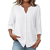 Zeagoo Button Down Shirts for Women 3/4 Sleeve Linen Cotton V Neck Tops Dressy Casual Loose Work Blouses
