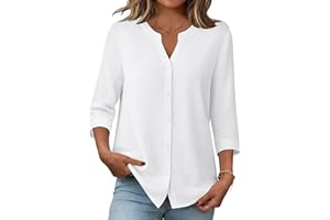 Zeagoo Button Down Shirts for Women 3/4 Sleeve Linen Cotton V Neck Tops Dressy Casual Loose Work Blouses