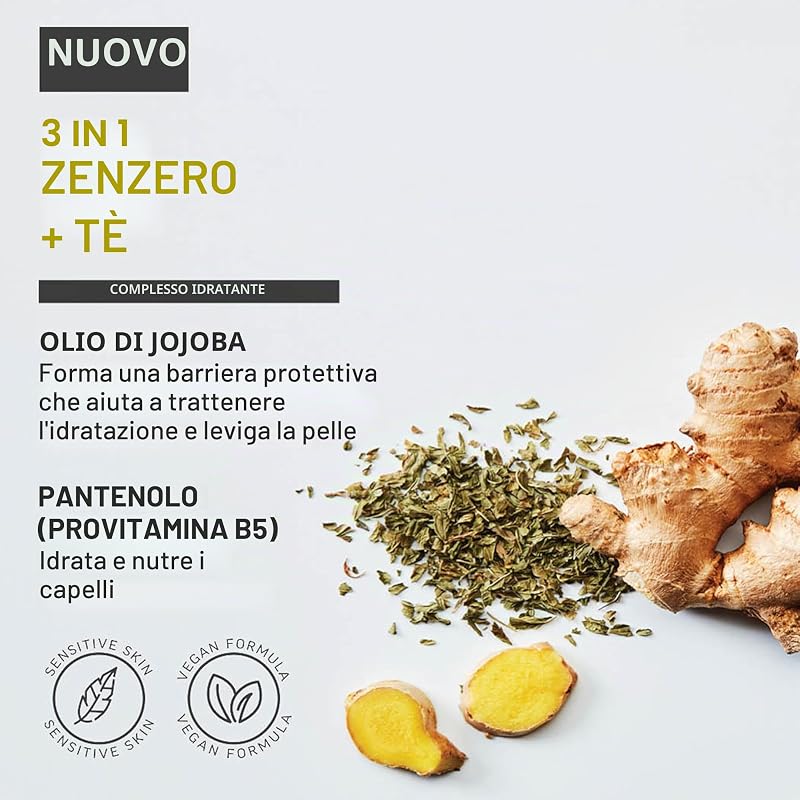 – 3 in 1 zenzero e tè shampoo, balsamo & Body Wash, 250 ml, shampoo e gel doccia per uomini, prodotto per la pulizia quotidiana di corpo e capelli