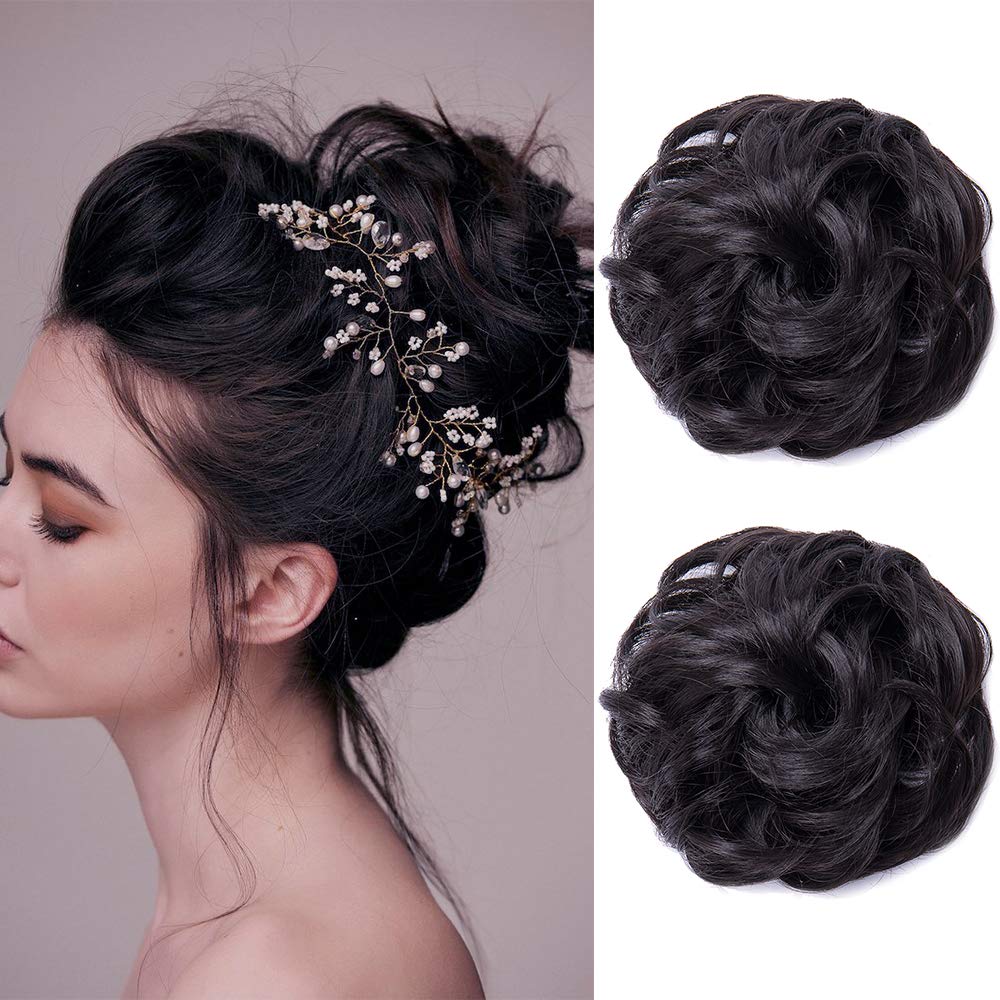 Synthetic Hair Bun Extensions 2Pieces Messy Hair Scrunchies Hair Pieces for Women Hair Donut Updo Ponytail -Dark Brown