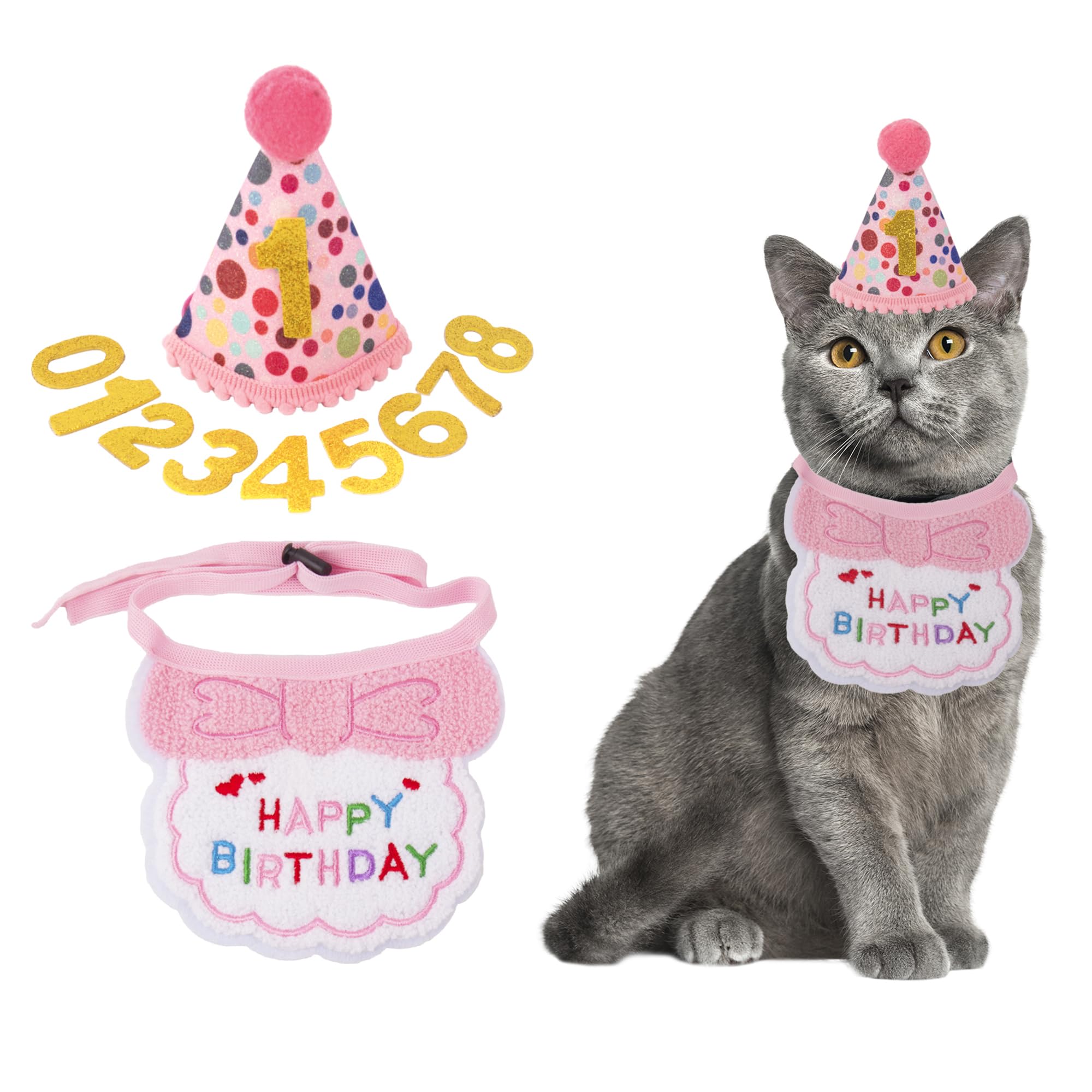 Photo 1 of ADOGGYGO Cat Birthday Party Supplies, Pink Girl Cat Kitten Birthday Bandana Hat Numbers Pet Birthday Decorations Outfits