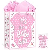 Wayyogh Baby Shower Paper Bag, Pink Baby Clothes Gift Bag with Greeting Card and Tissue Paper Wrap Bags with Handles for Birthday Gender Reveal Party Favors Decorations Supplies