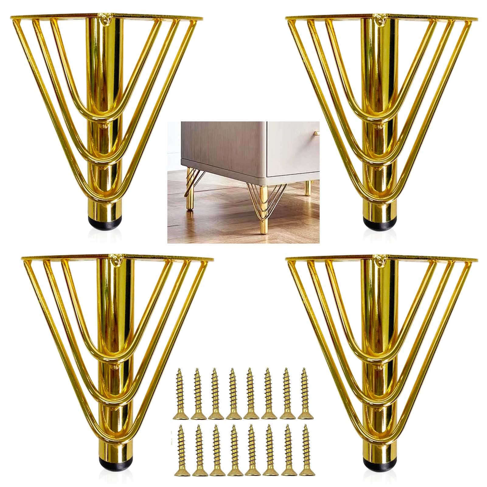 KMERCE 4pcs Golden Metal Furniture Legs, Replacement Modern Sofa Legs for Coffee Table, TV Cabinet, Bathroom Cabinet with Screws+Floor Protection+Silent Non-Slip Base, 18cm heigh