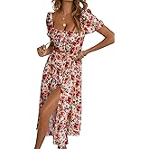 BLENCOT Womens Casual Summer Square Neck Short Sleeve Split Thigh Cotton Dress Boho Floral Print Tie Front Midi Dresses