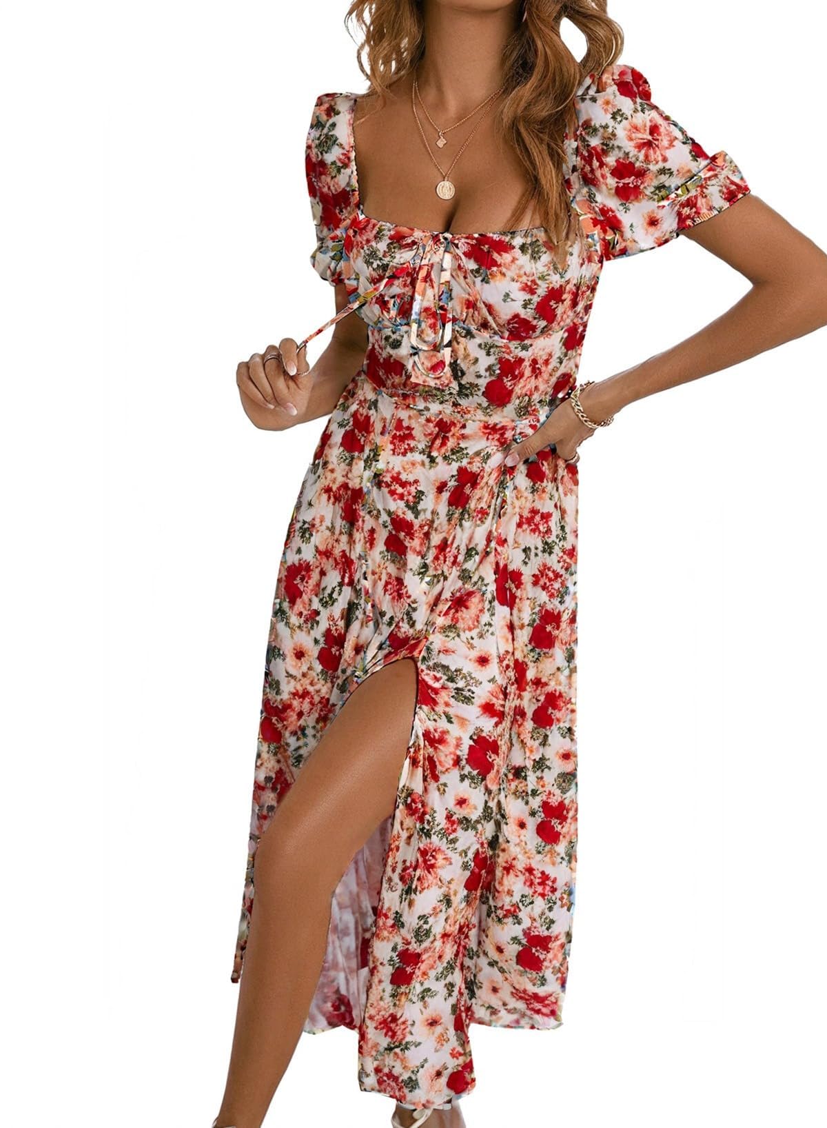 Photo 1 of BLENCOT Womens Casual Summer Square Neck Dress Floral Print Flounce Ruched Tie Front Split Thigh Short Sleeve A Line Ladies Maxi Dresses P1420Orange Large Size