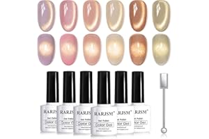 RARJSM Gold Glitter Cat Eye Gel Nail Polish Set 6Pcs Nude Pink Light Purple Brown Gray Green Velvet Ice Jelly Glitter Cateye Gel Polish with Magnetic Stick UV LED Curing Require Home Salon Nails