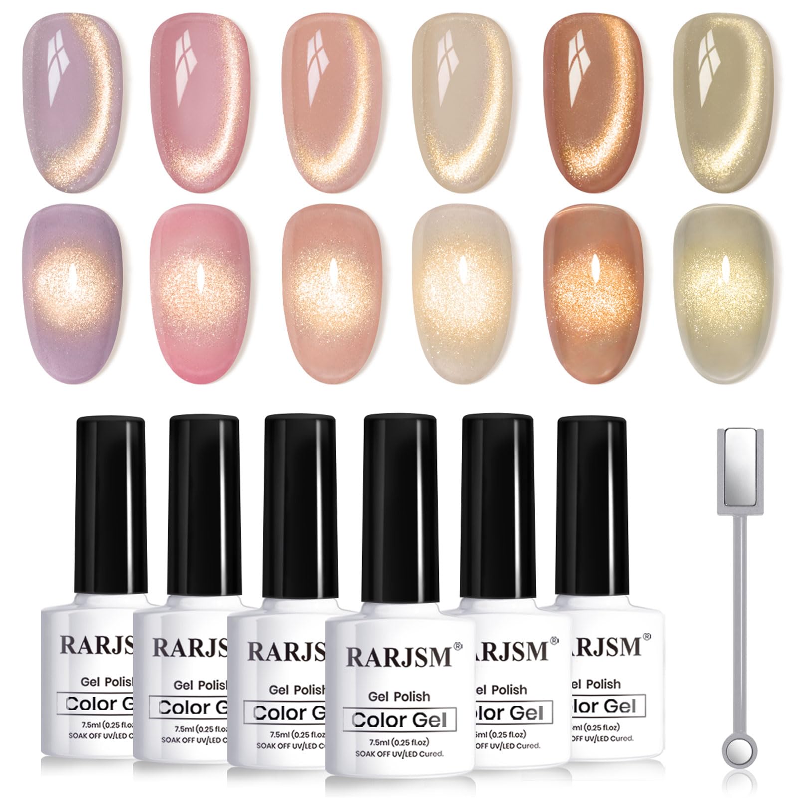 Photo 1 of **** similar**RARJSM Gold Glitter Cat Eye Gel Nail Polish Set 6Pcs Nude Pink Light Purple Brown Gray Green Velvet Ice Jelly Glitter Cateye Gel Polish with Magnetic Stick UV LED Curing Require Home Salon Nails