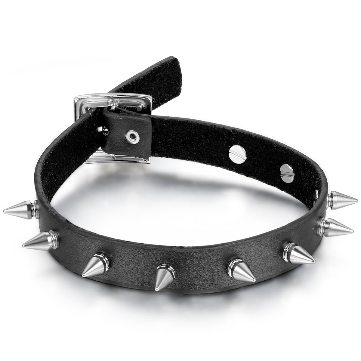 JewelryWe Jewellery Gothic Punk Leather Collar Choker Spike Rivets O-Ring Collar Necklaces Real Leather Chains Black, Leather Metal